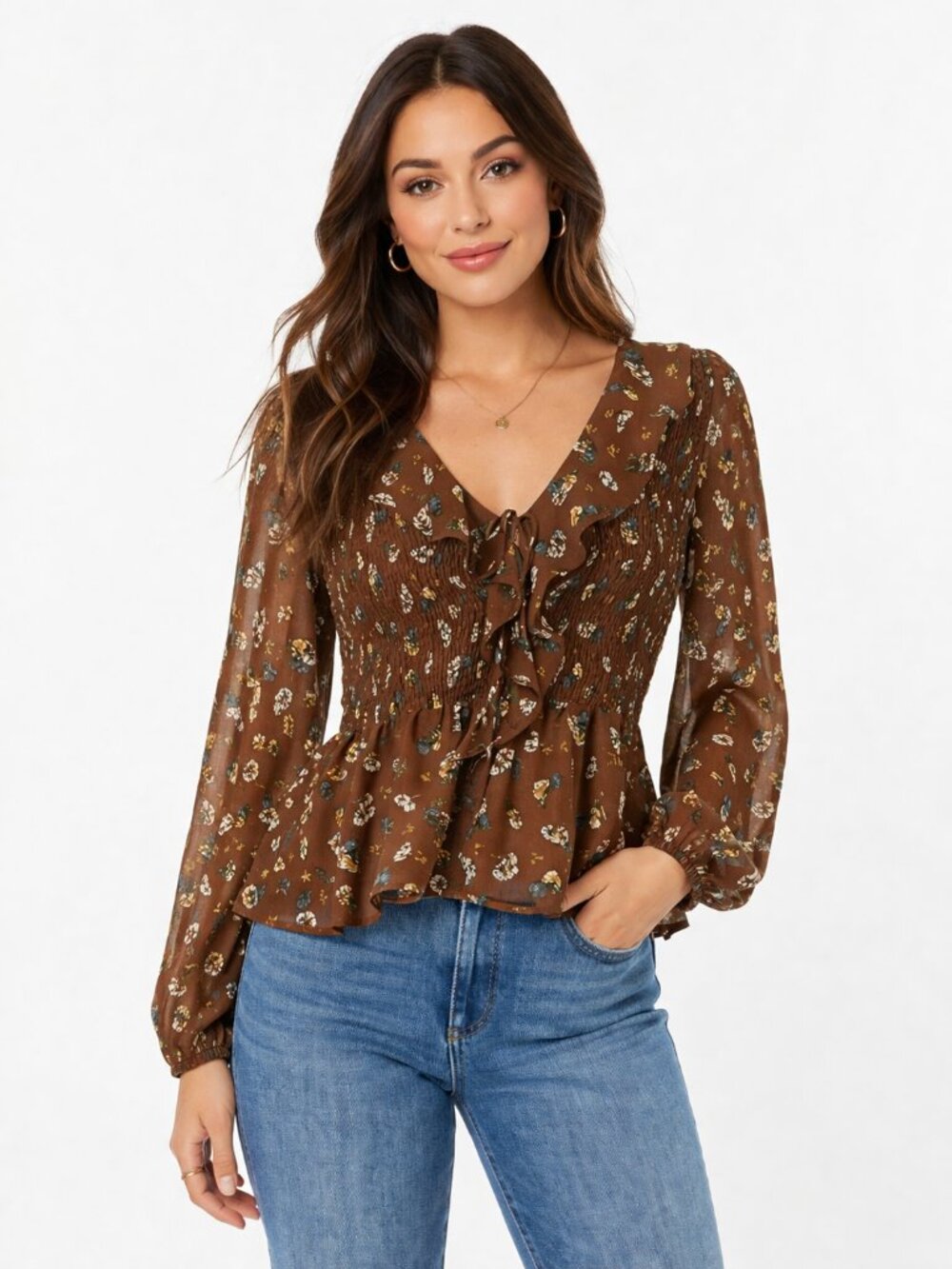 ASTR the Label Brown Ditsy Floral Smocked Ruffle Tie Neck Top Size M